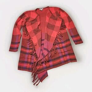 Isaac Mizrahi Red Multi Plaid Fringe Trim Open Front Cardigan Sweater Small